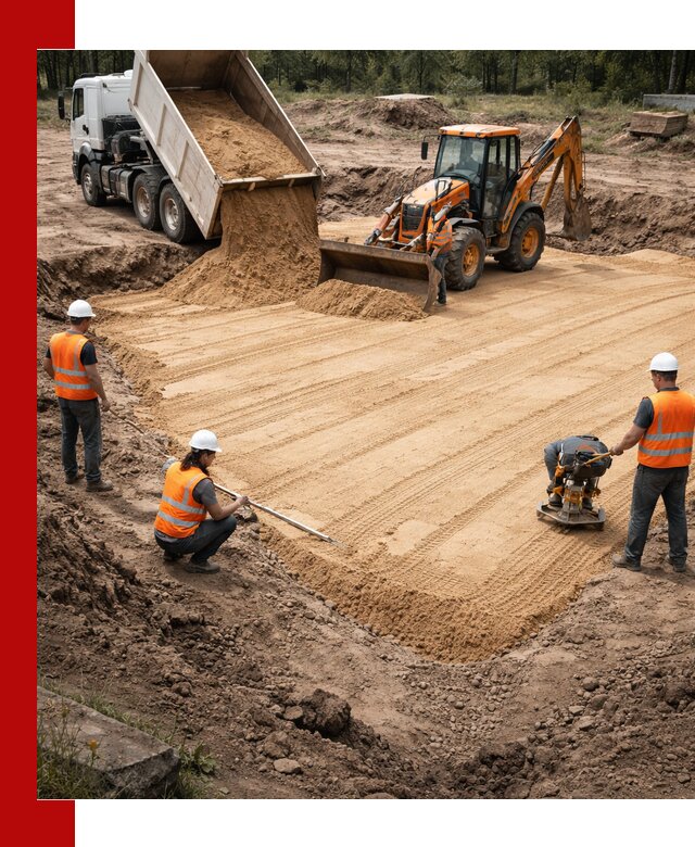 Устройство песчаной подушки для фундаментов и дорог в Пскове